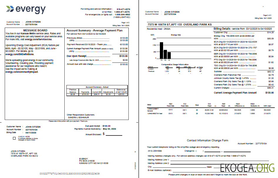USA Evergy utility bill template in Word and PDF formats, 2 pages, version 2